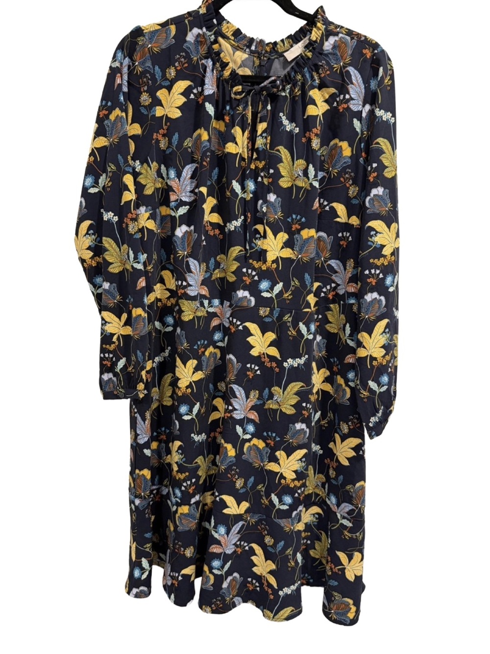 LOFT Navy Yellow Floral Tie-Neck Long Sleeve Midi Dress Size 14 Plus